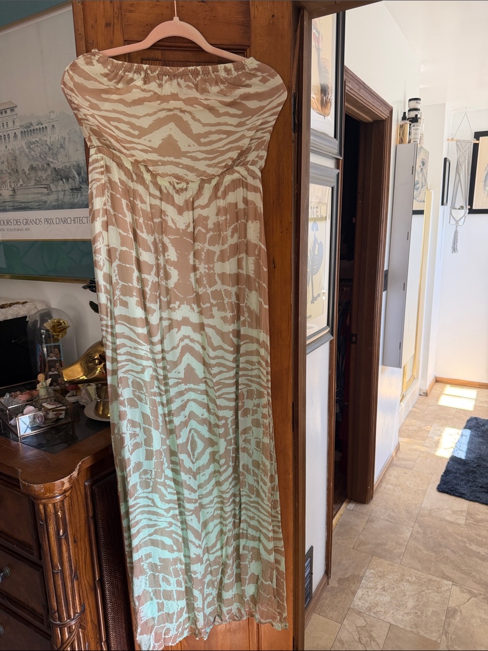 Gypsy 05 Strapless Zebra-Print Sundress in Cream and Tan